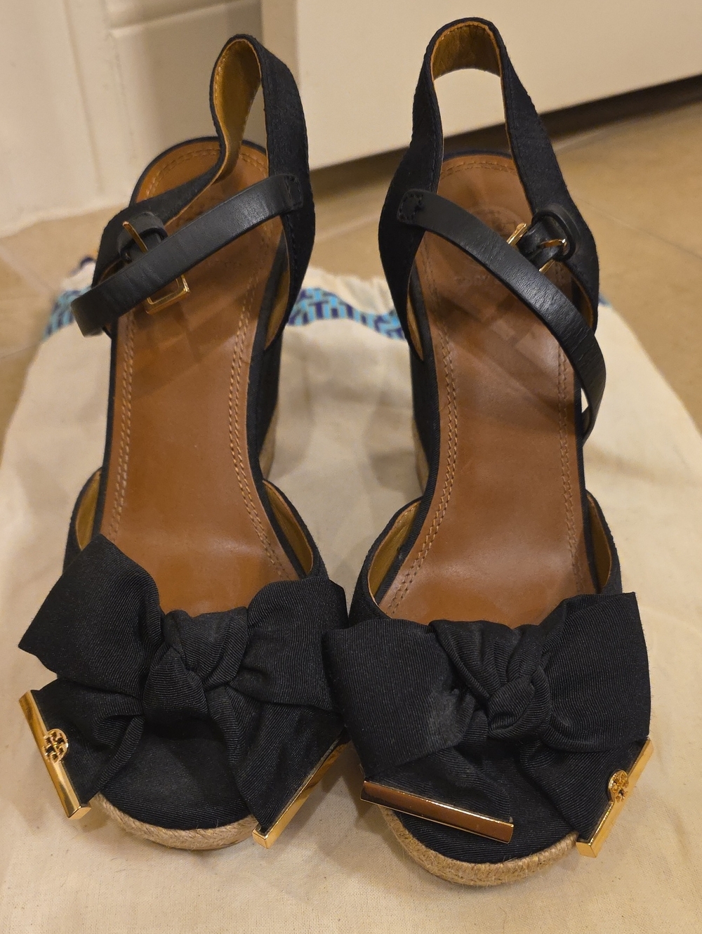 Tory Burch Black Bow Espadrille Wedge Sandals with Gold Accents